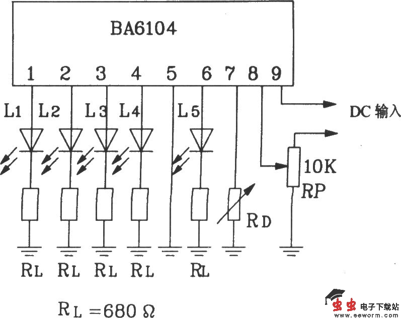 BA6104五位LED电平表驱动集成电路基本应用电路