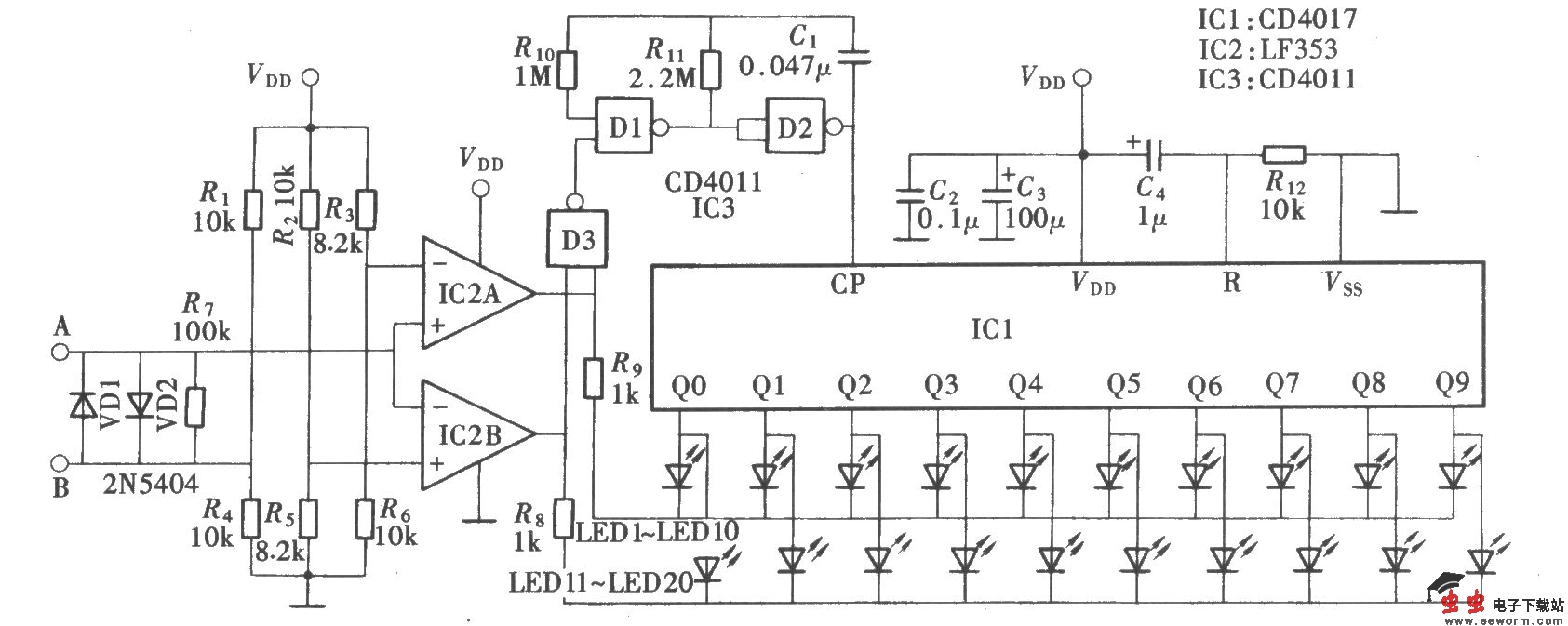 电流方向演示器(CD4017、CD4011、LF353)