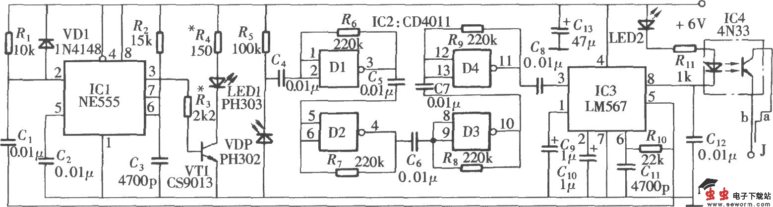 由NE555、LM567组成的红外反射式自动报时钟电路