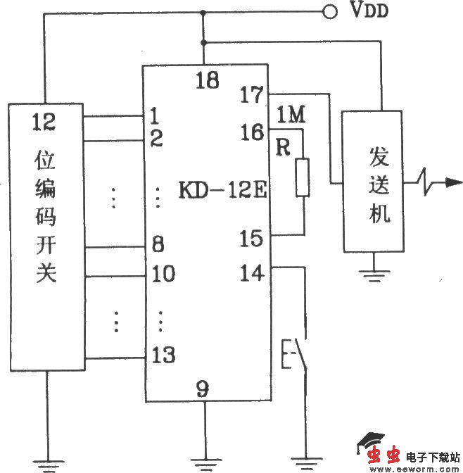 KD-12E/KD-12F构成4096路单一功能遥控发射/接收应用电路图