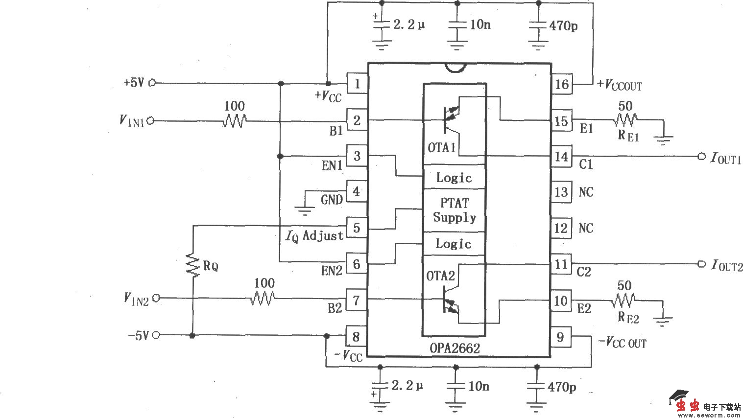 双宽带跨导型运算放大器OPA2662的信号和电源的基本连接电路