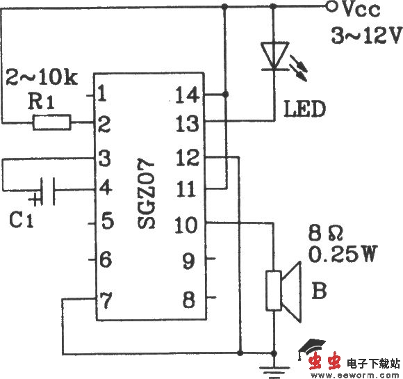 由SGZ07声、光报警集成电路构成单频率声、光信号源电路