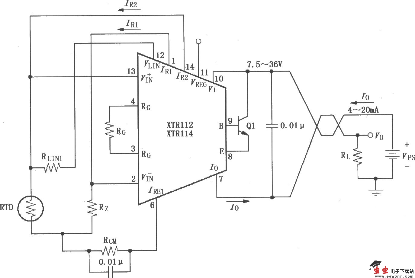 XTR112/114基本两线RTD温度测量电路