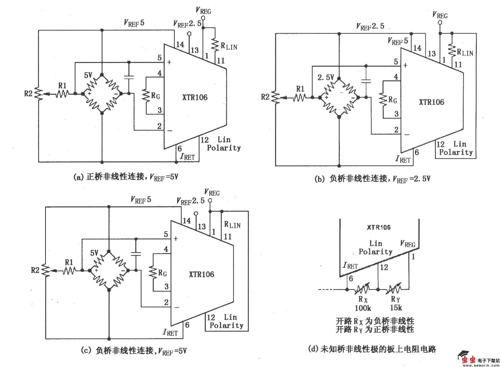 XTR106校正正(或负)电桥非线性的连接电路