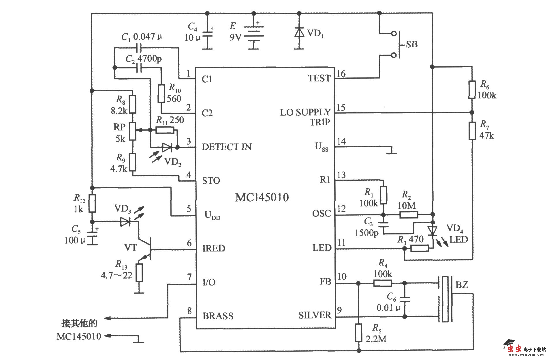 由光电型烟雾检测报警集成电路MC145010构成的烟雾报警电路