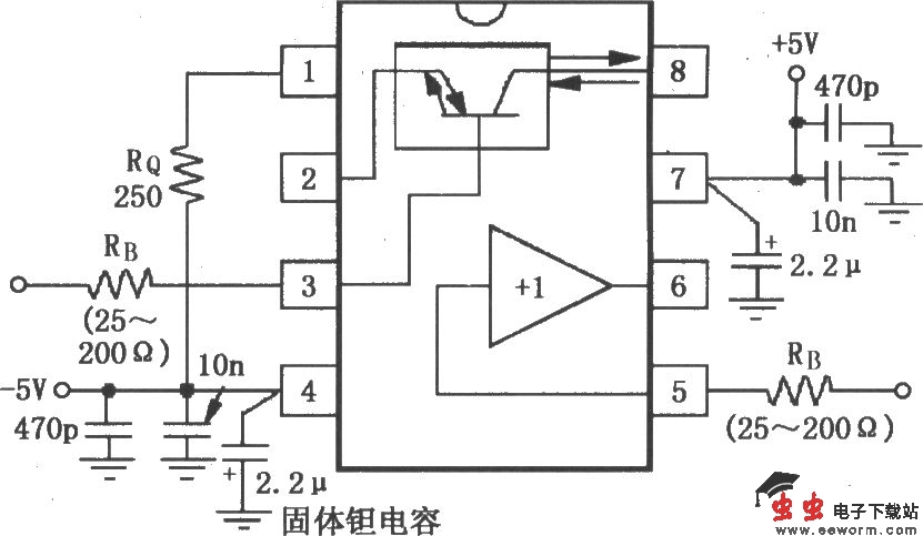 宽带跨导型运算放大和缓冲器OPA660的信号和电源的基本连接电路
