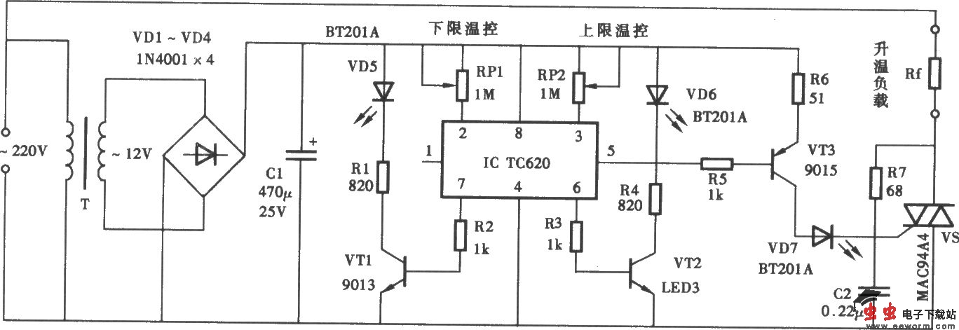可自行设定温控上、下限值的温控器电路