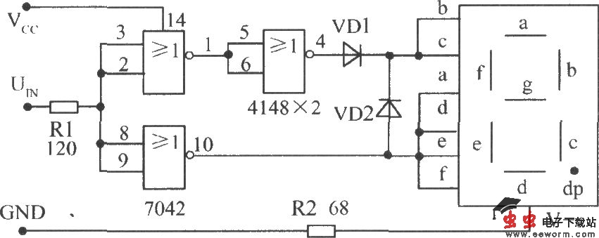 使用TTL或非门接成反相器配用共阴极数码管构成的电平测试电路