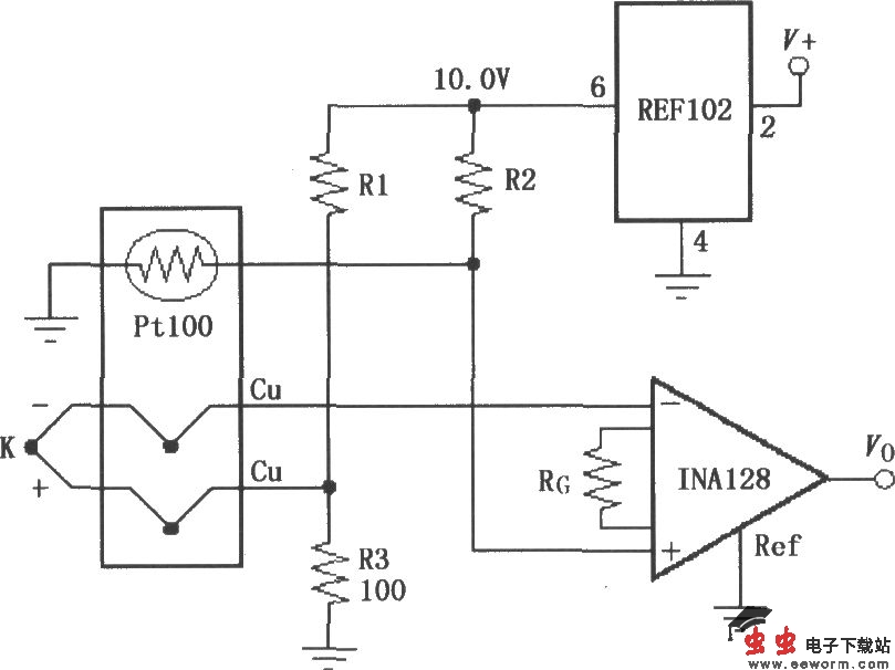 由INA128构成的有冷端补偿的热电偶放大器