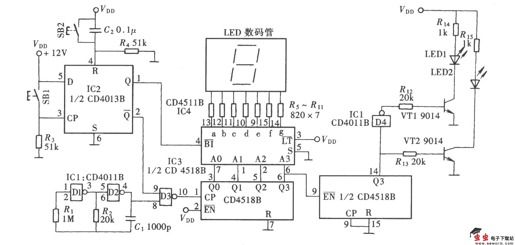 一位随机数发生器(CD4518B、CD4013B)