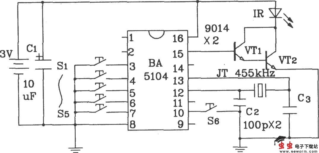 BA5104/5204红外遥控发射、接收集成应用电路图