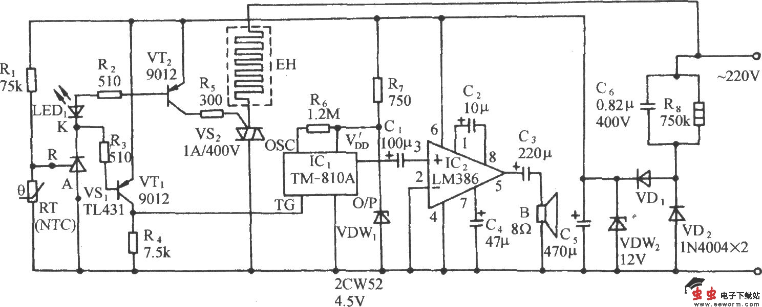 下限温度蛙鸣报叫及自动加温控制电路