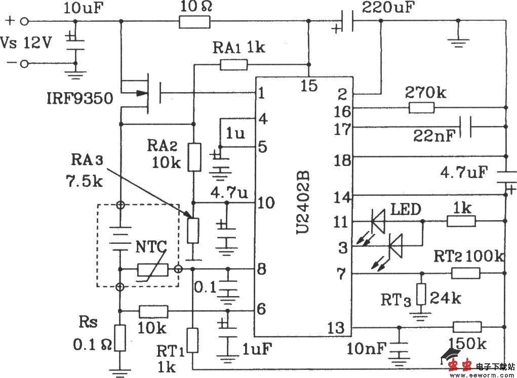 U2402B智能型电池快充控制芯片的典型应用电路