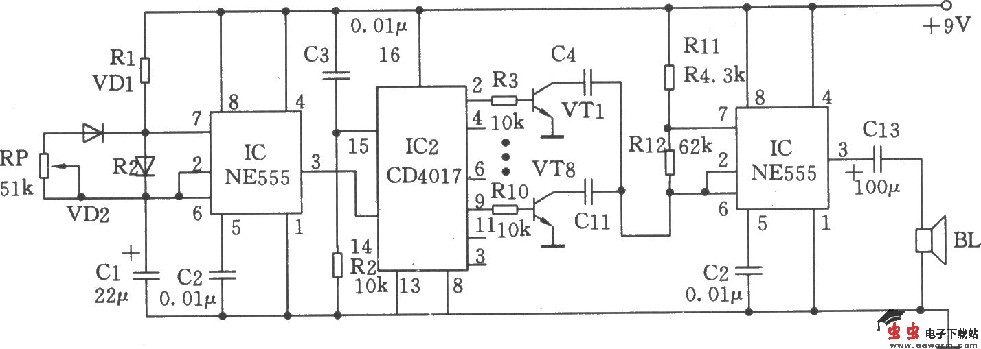 由NE555、CD4017构成的音频振荡器