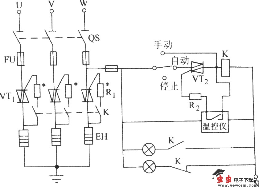 双向晶闸管控制三相电热器件的典型电路