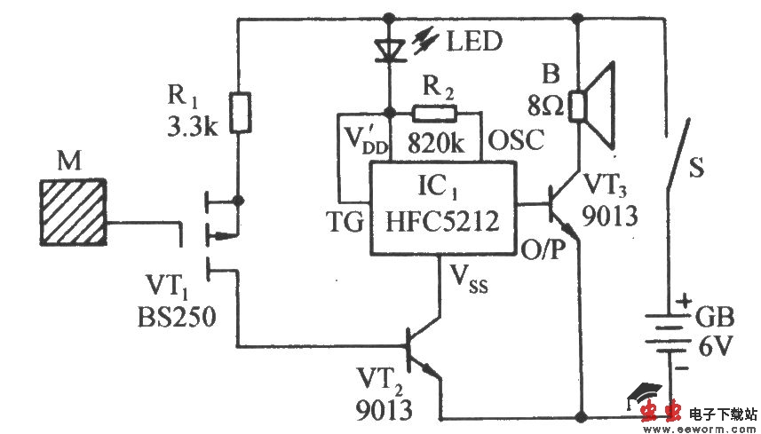 静电探测声光报讯器电路