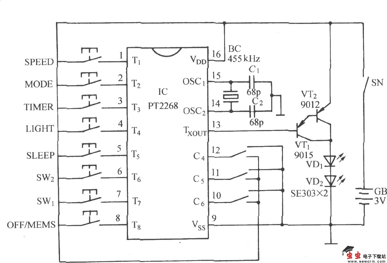 用PT2128/PT2268的全功能遥控电风扇电路