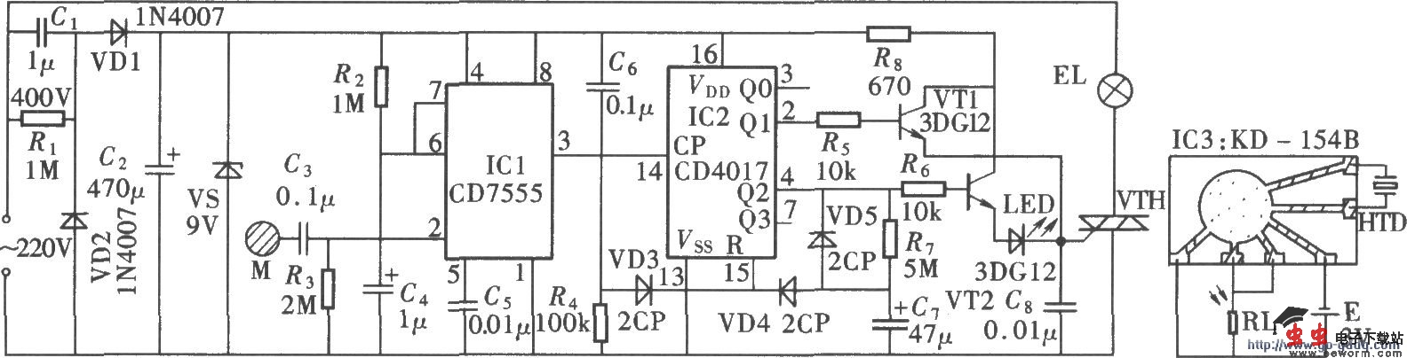 触摸开灯、延时熄灭式音乐台灯(CD7555、CD4017)