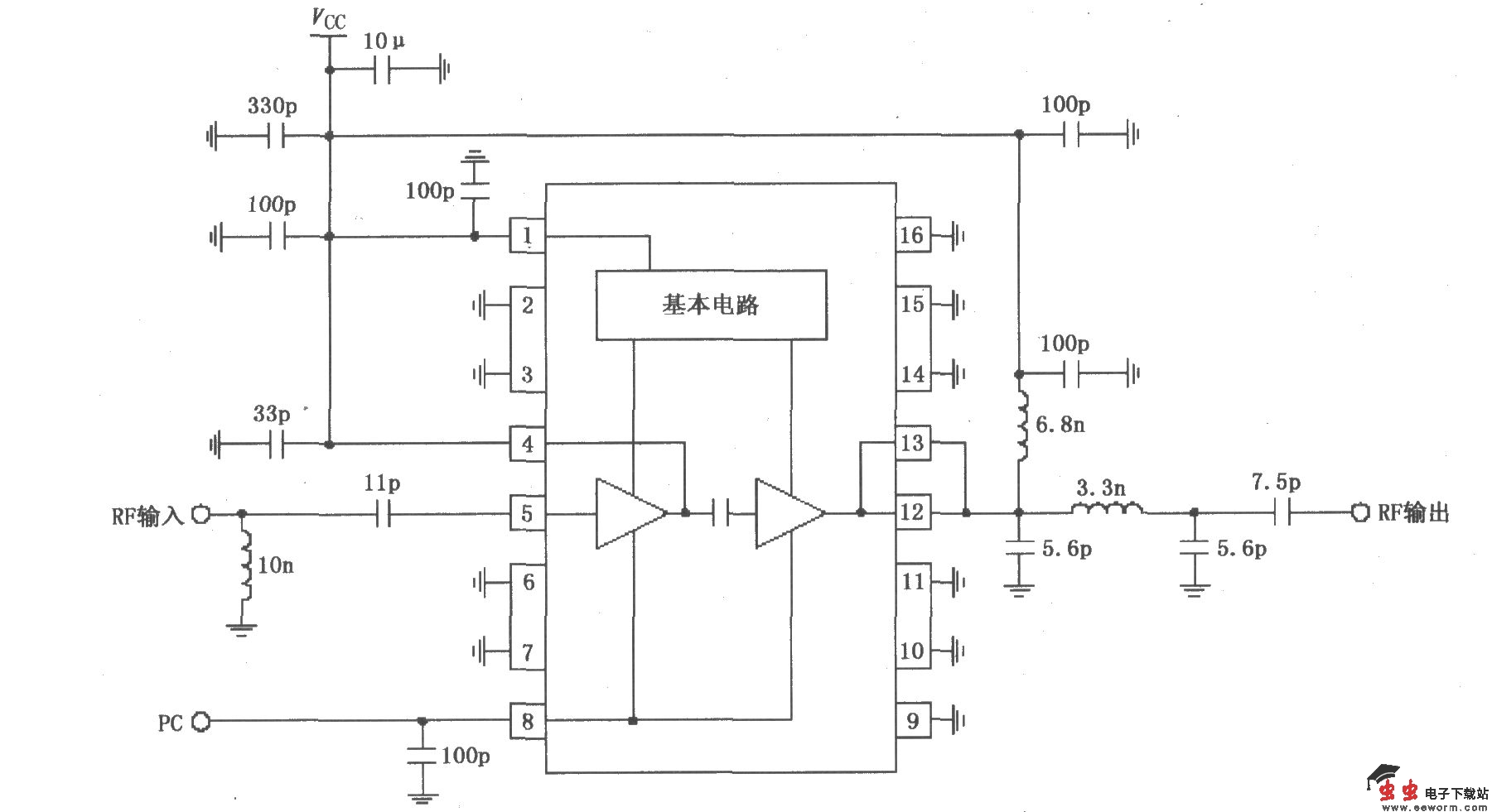 由RF2104构成的830MHz中功率放大器原理电路