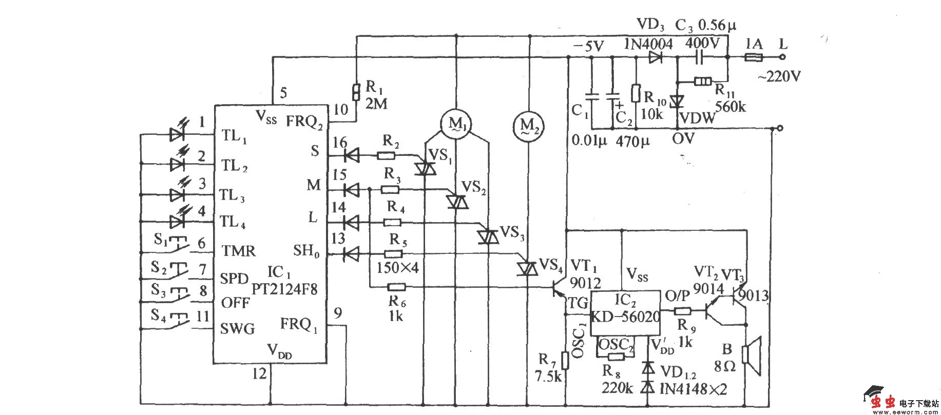 用PT2124的多功能电风扇伴蟋蟀声控制电路