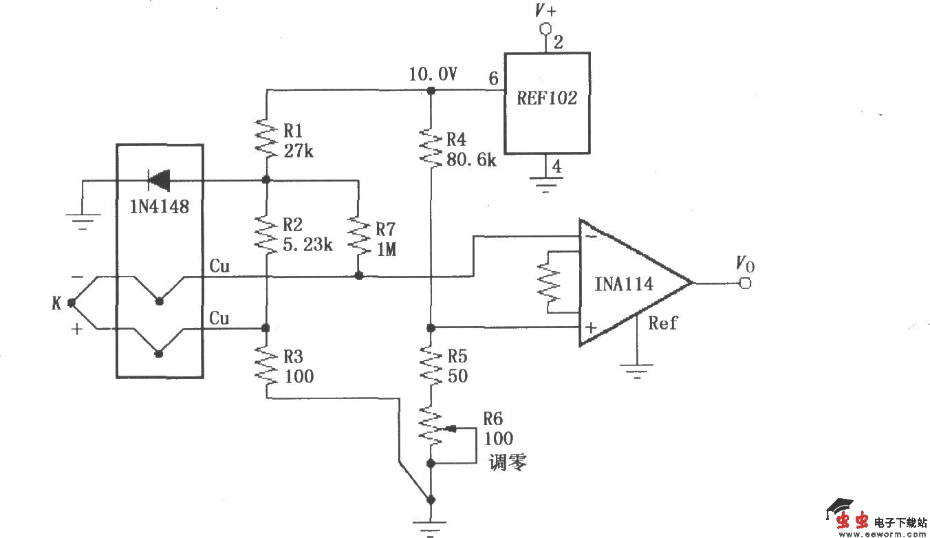 具有冷端补偿的热电偶放大电路(INA114)