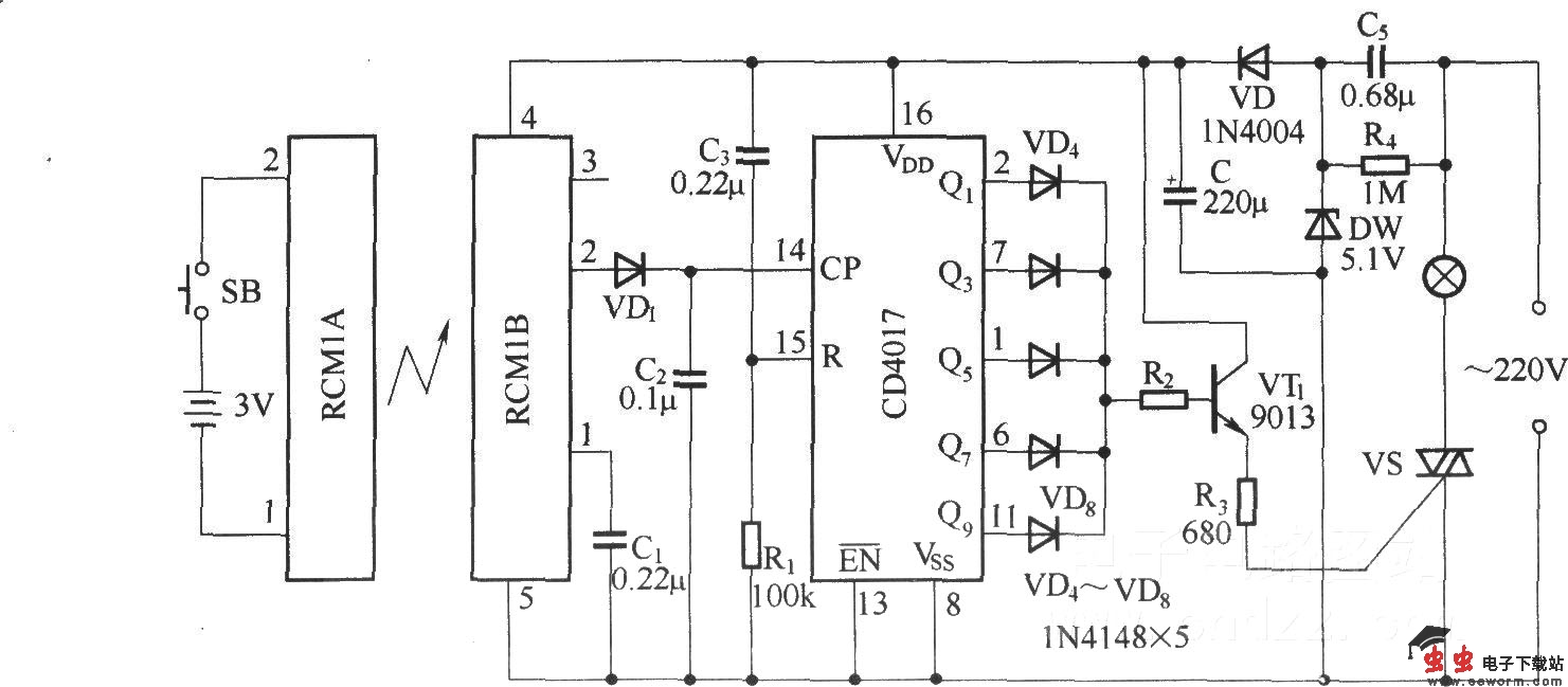 由RCM1A/RCM1B组成的无线电遥控照明开关