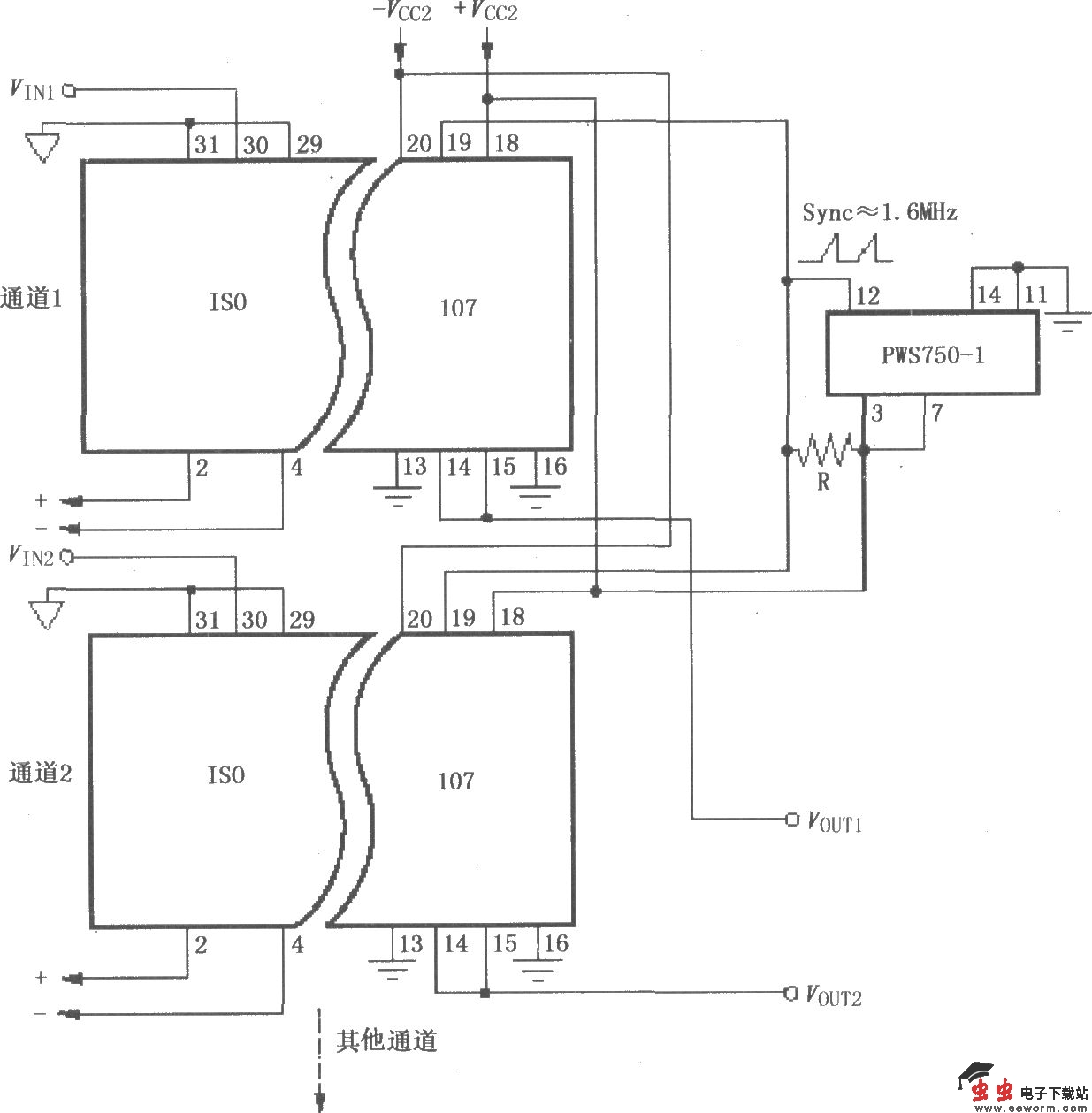 由ISO107与PWS750-1构成的多通道同步隔离电路