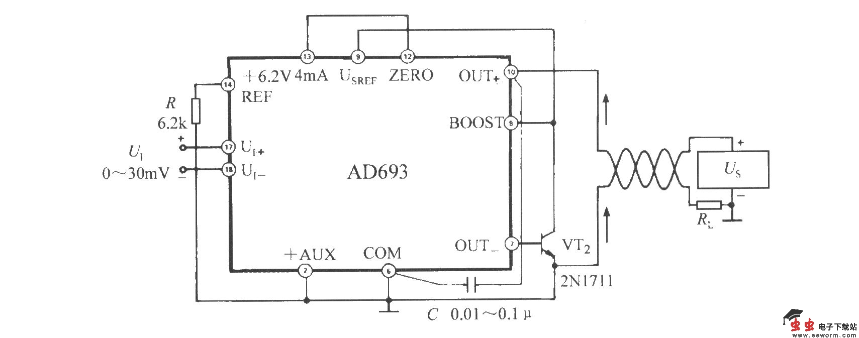 采用并联外部功率管的方法来降低AD693功耗的电路