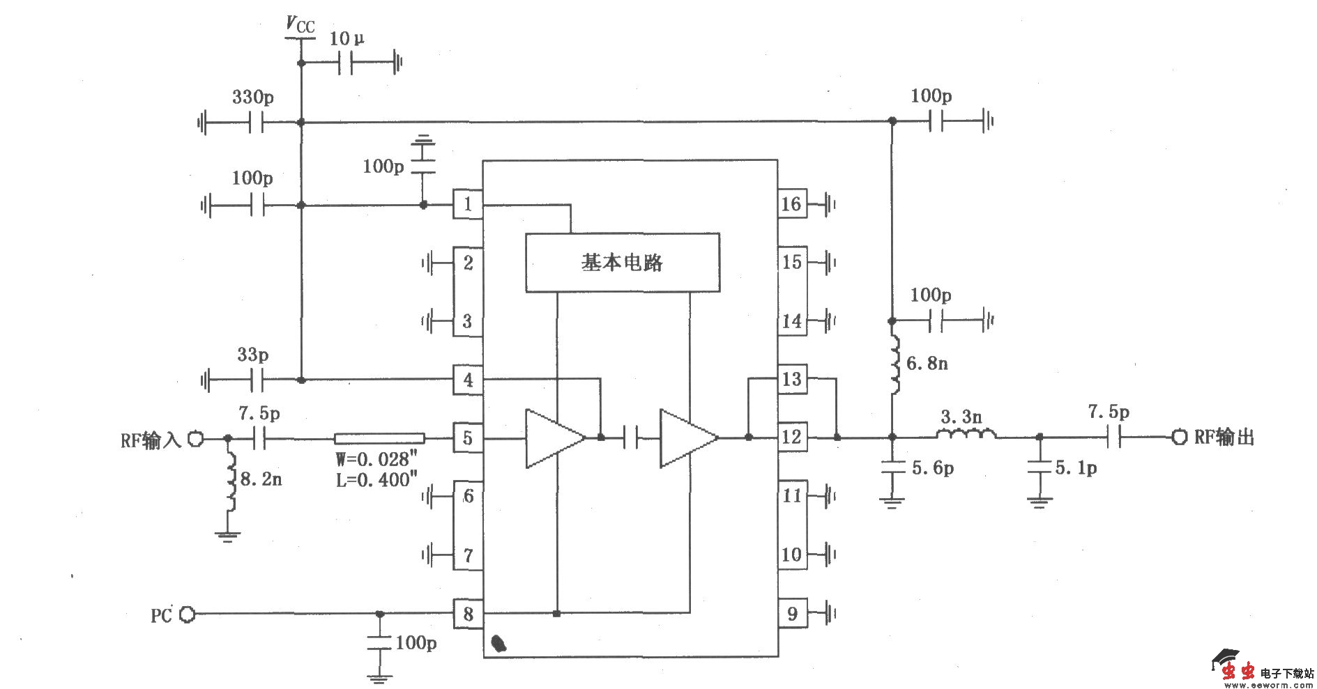 由RF2104构成的915MHz中功率放大器原理电路