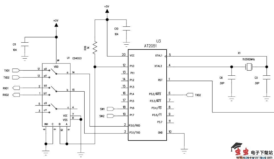 CD4053组成的单片机串口复用电路