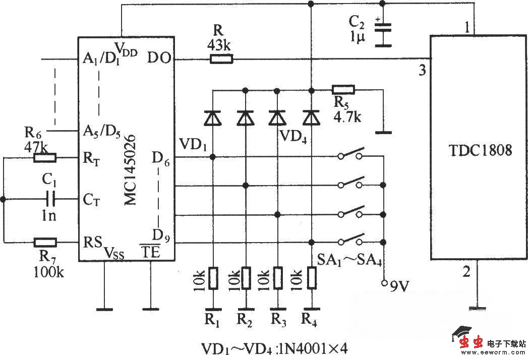 由TDC1808/TDC1809组成的数字编码遥控电路