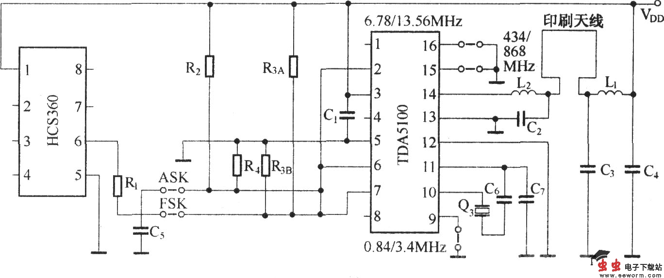 滚码编码无线电发射电路(HSC360/TDA5100)