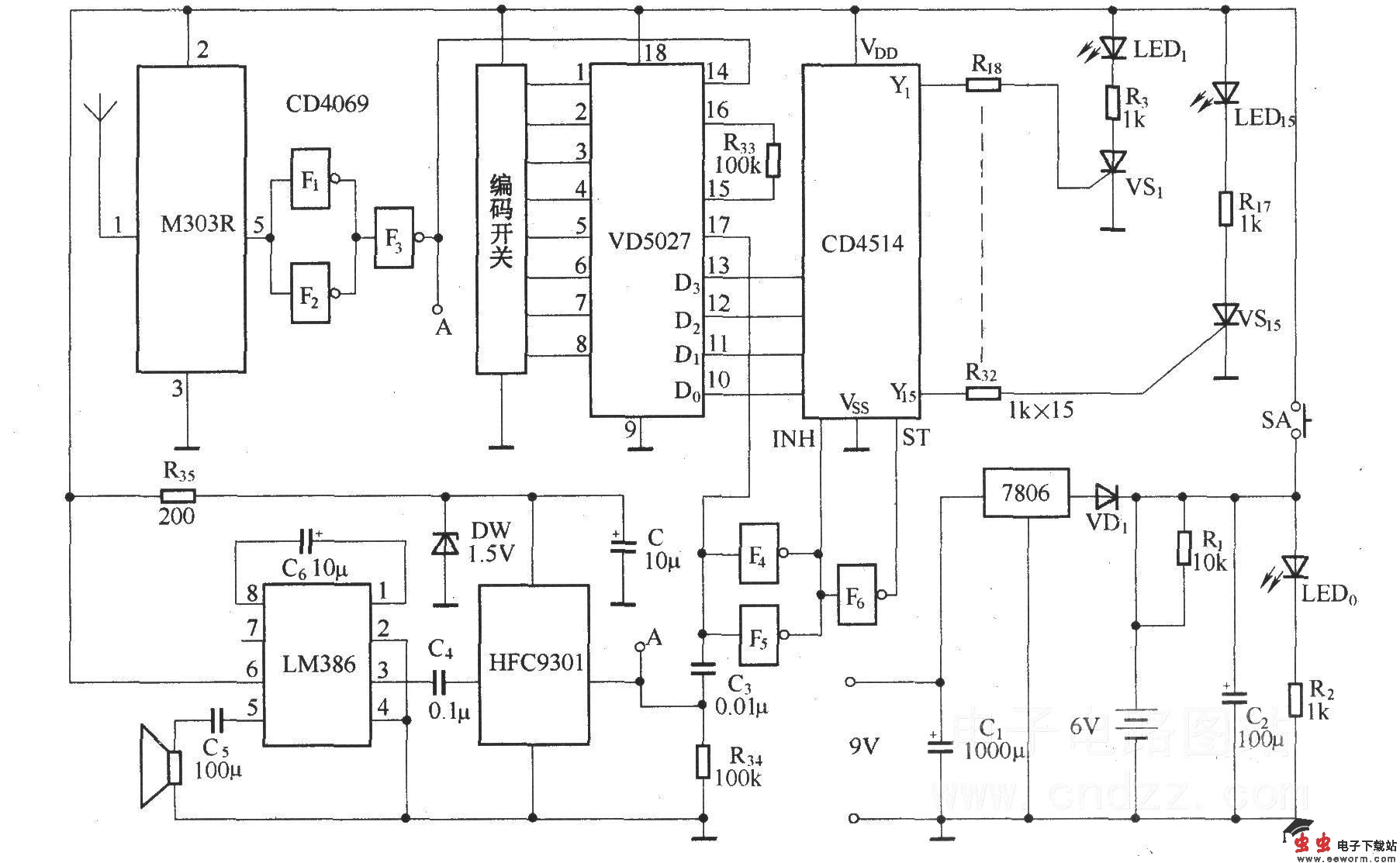病房无线呼叫发射与接收显示电路(M303S/M303R)