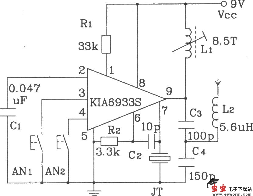 KIA6933S／6957P构成的四动作射频遥控发射、接收电路图