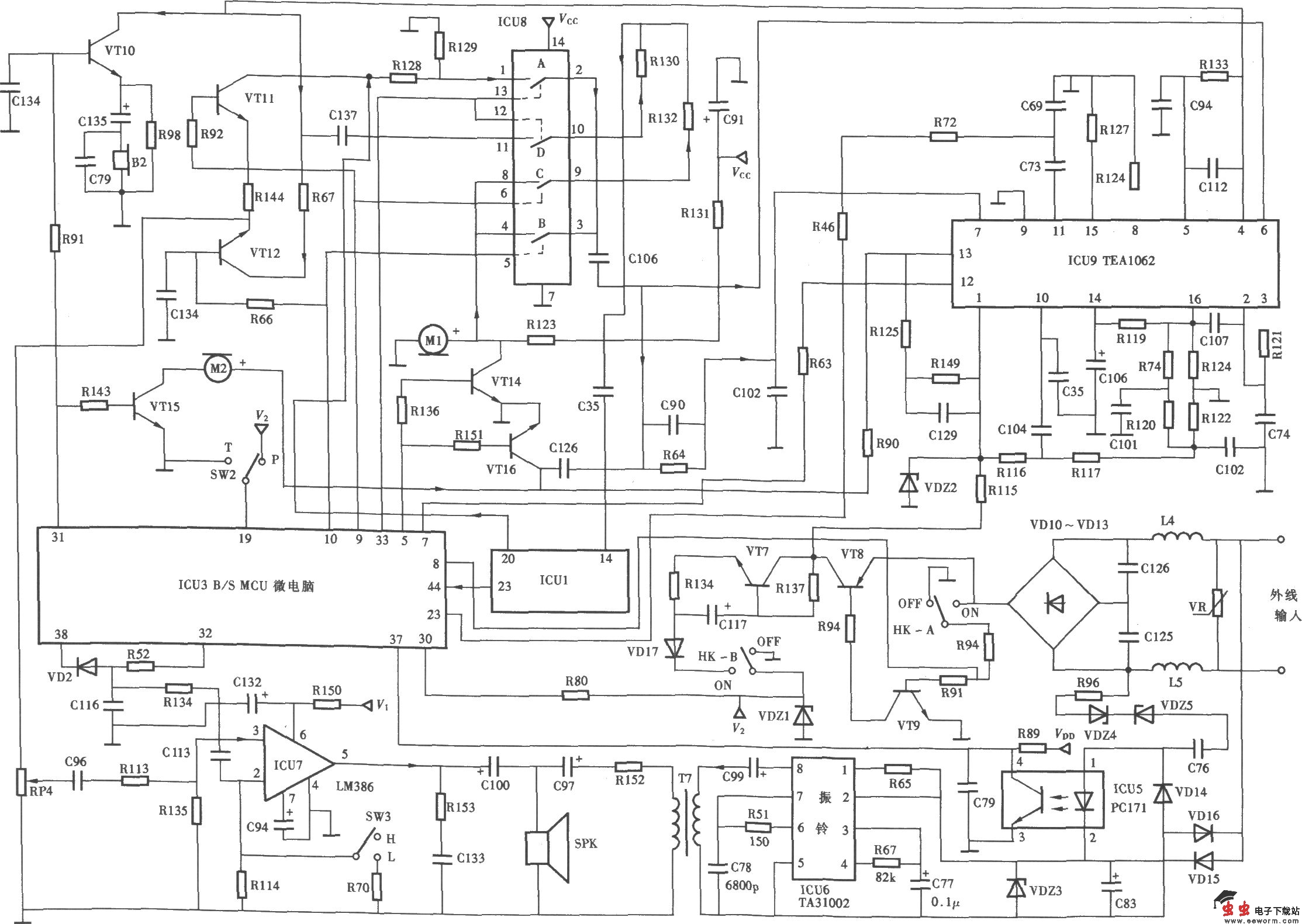 天时达HW838(4)P/TSD-LCD型无绳电话机主机通话和振铃电路