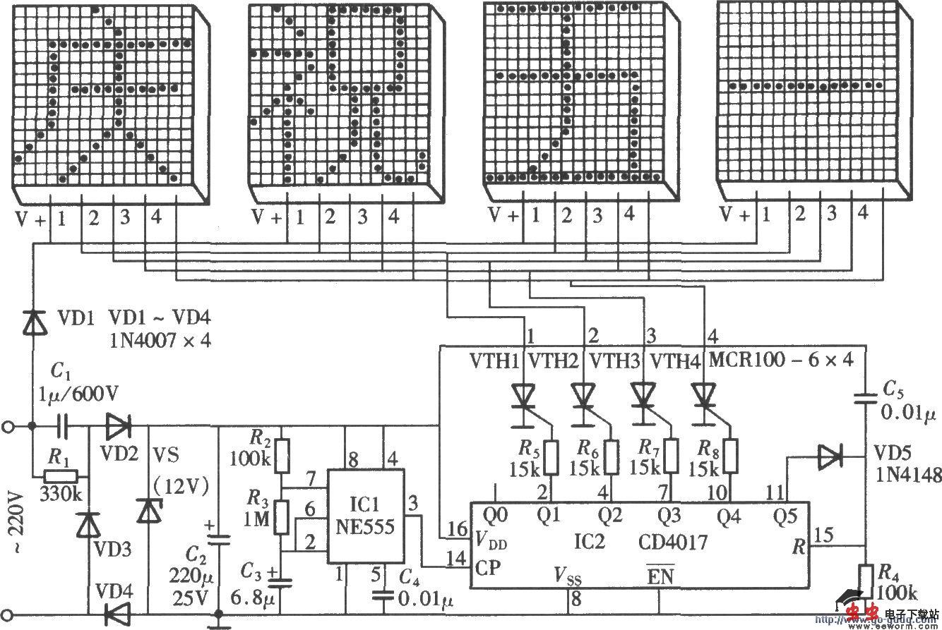 由NE555、CD4017组成的节日字灯显示电路