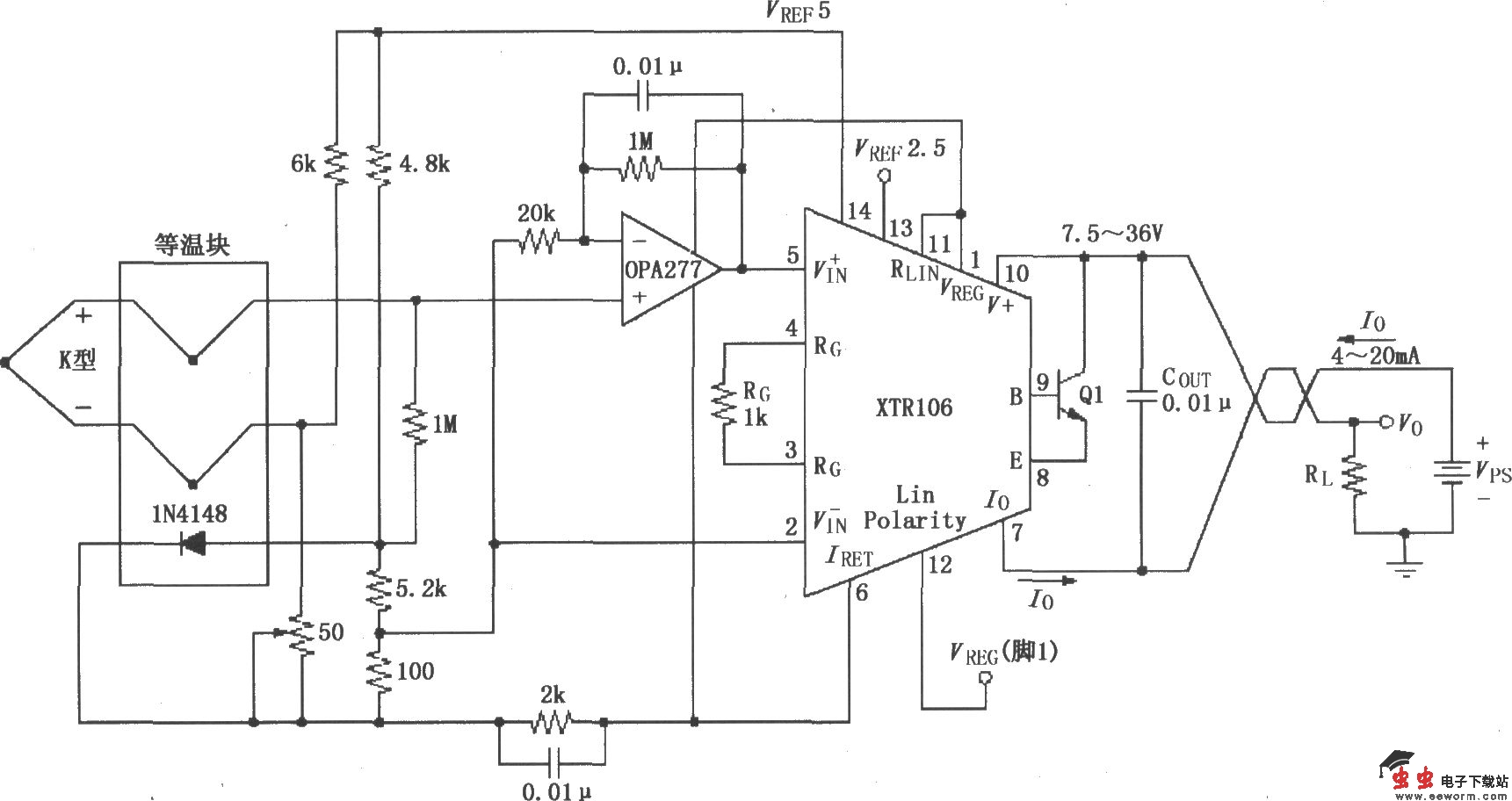 XTR106热电偶测量环电路
