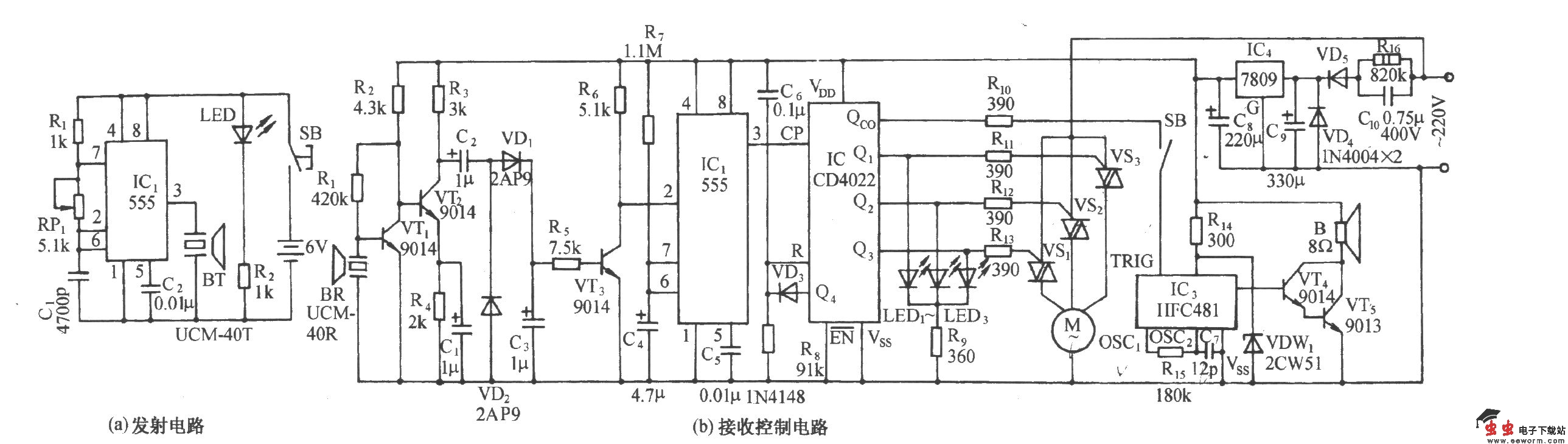 超声波遥控电风扇调速及乐曲伴唱电路