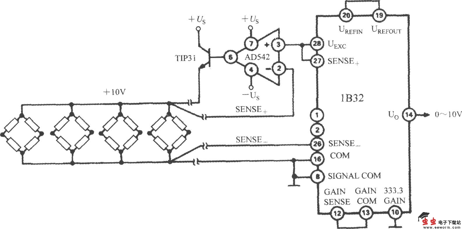 桥式传感器信号调理器1B32配多路压力传感器时的应用电路