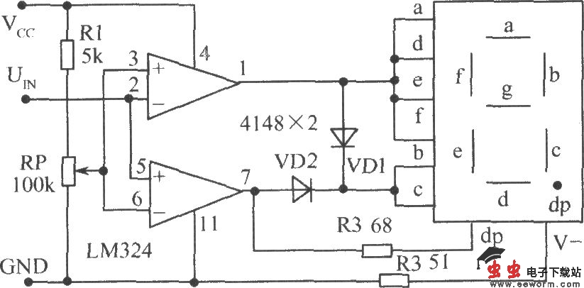 使用电压比较器LM324组成的电平测试电路