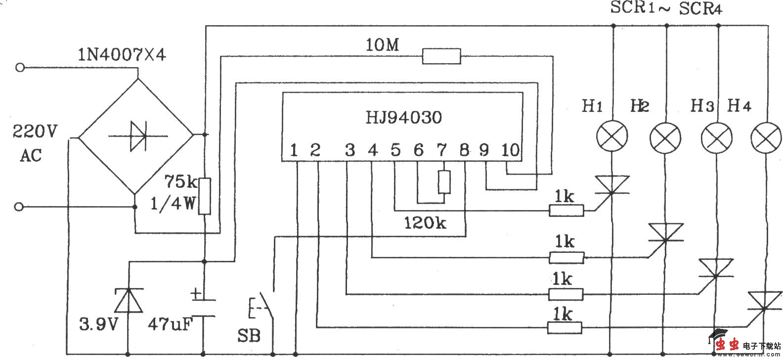 HJ94030多功能灯串控制集成电路典型应用电路