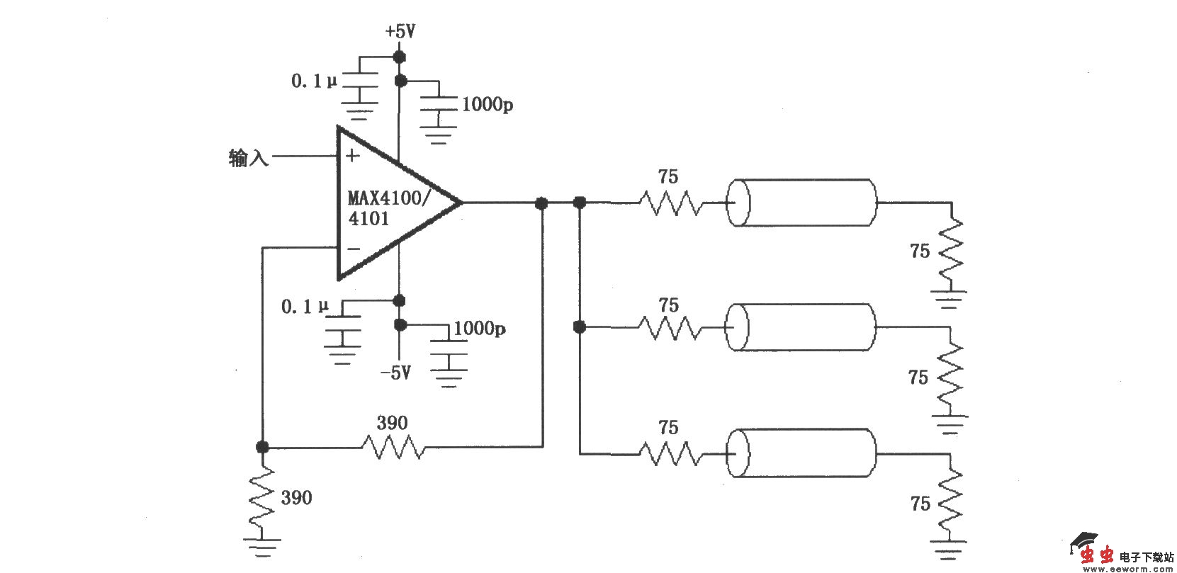 由MAX4100／4101构成的视频／射频分配放大电路
