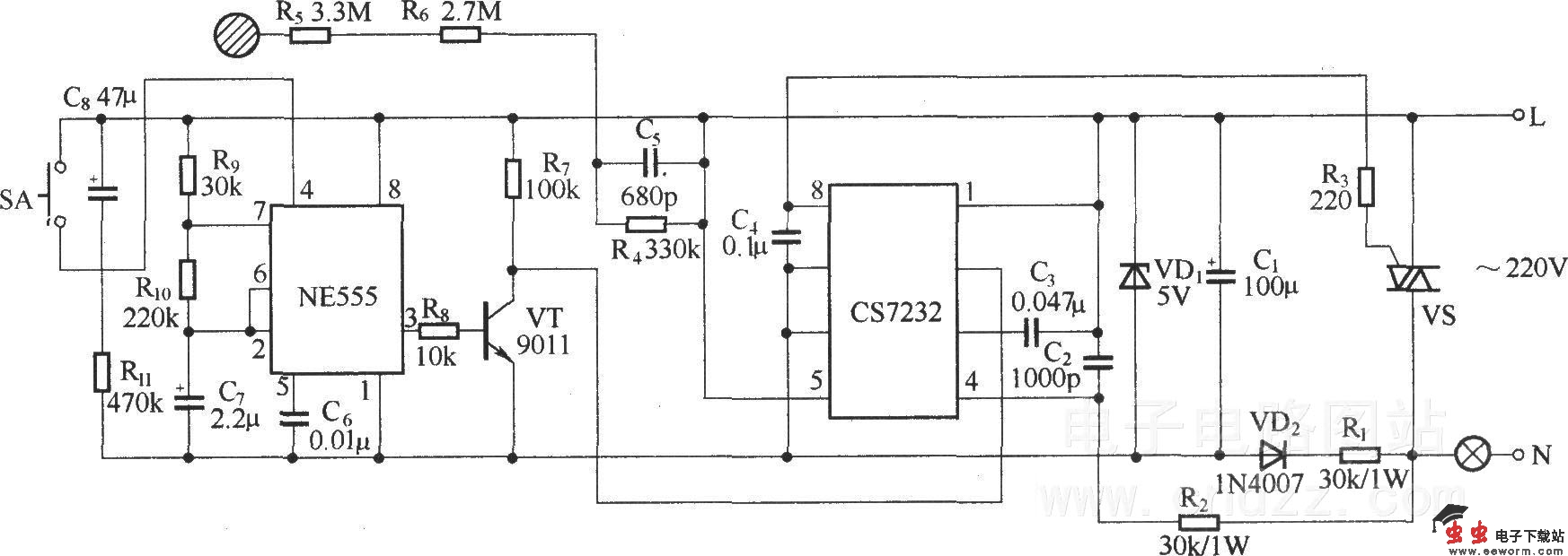 由CS7237构成的自熄式触摸调光电路