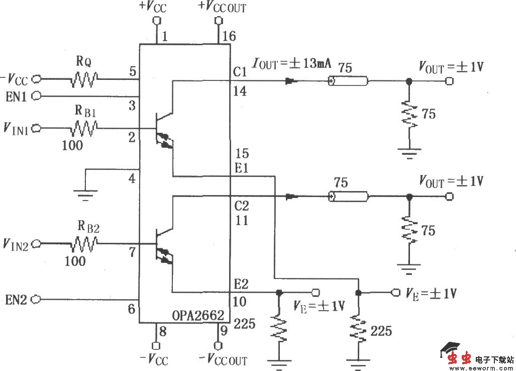 由双宽带跨导型运算放大器OPA2662构成的二通道电流输出驱动电路