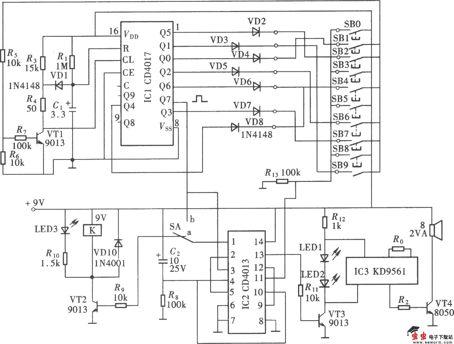 有报警功能的密码开关(CD4017、CD4013)