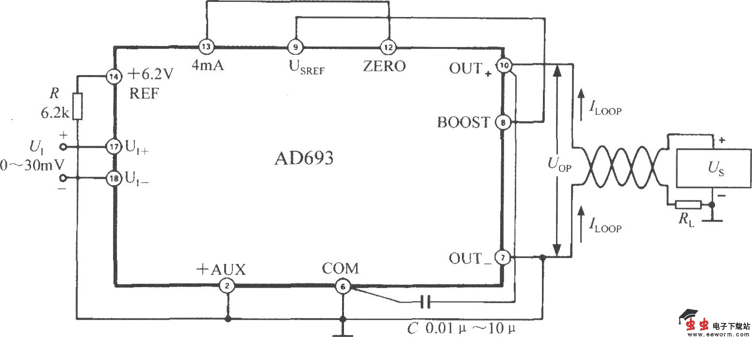 由多功能传感信号调理器AD693构成0～ 30mV单极性输入、4～20mA输