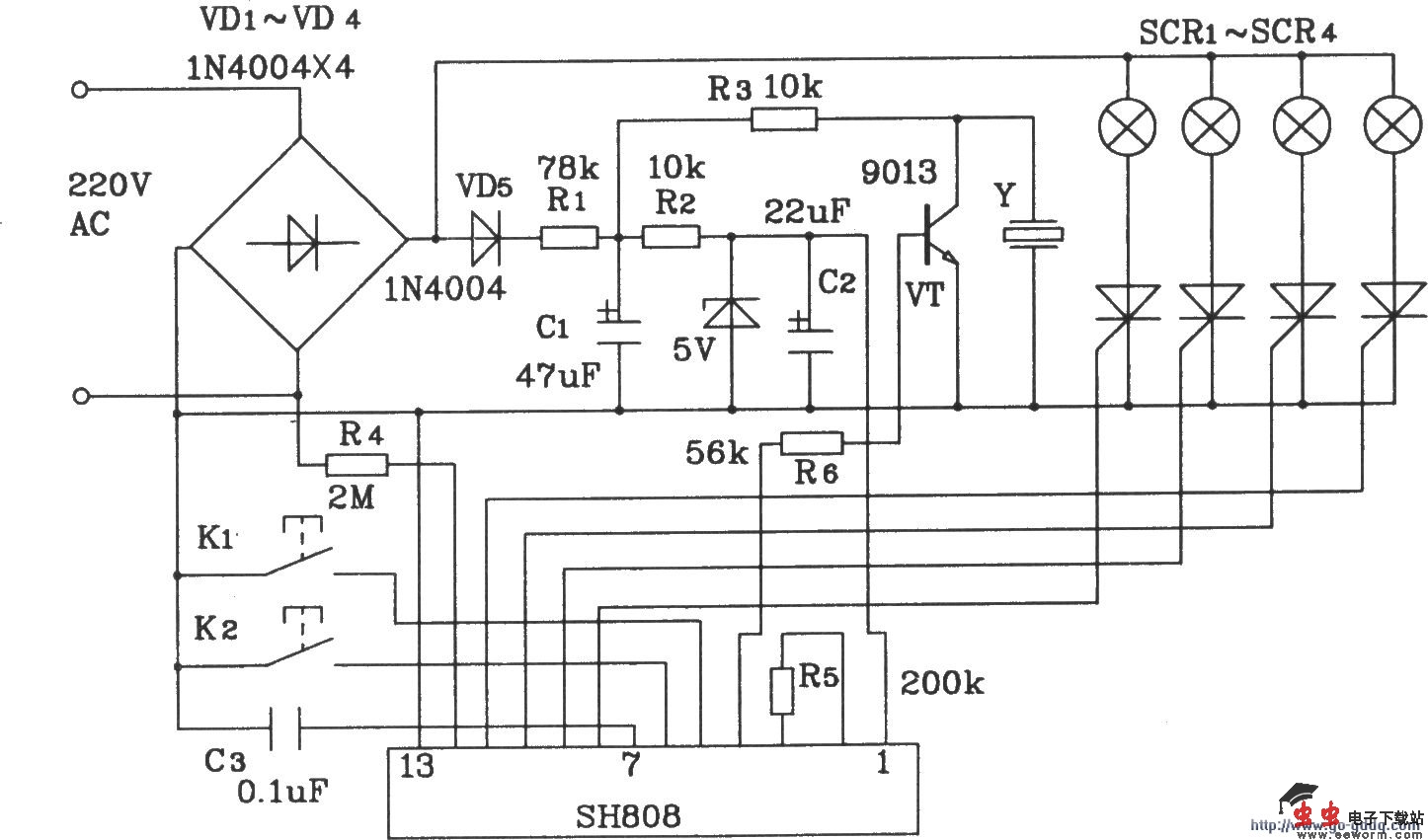 SH808多功能音乐彩灯程控集成电路构成的彩灯控制电路