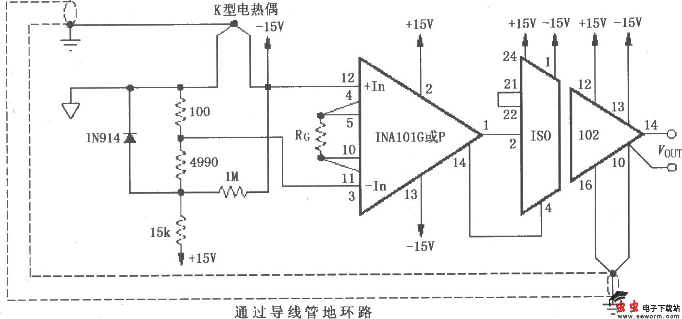 环路消除、冷端补偿和高端熄灭的热电偶放大电路(ISO102、INA101)