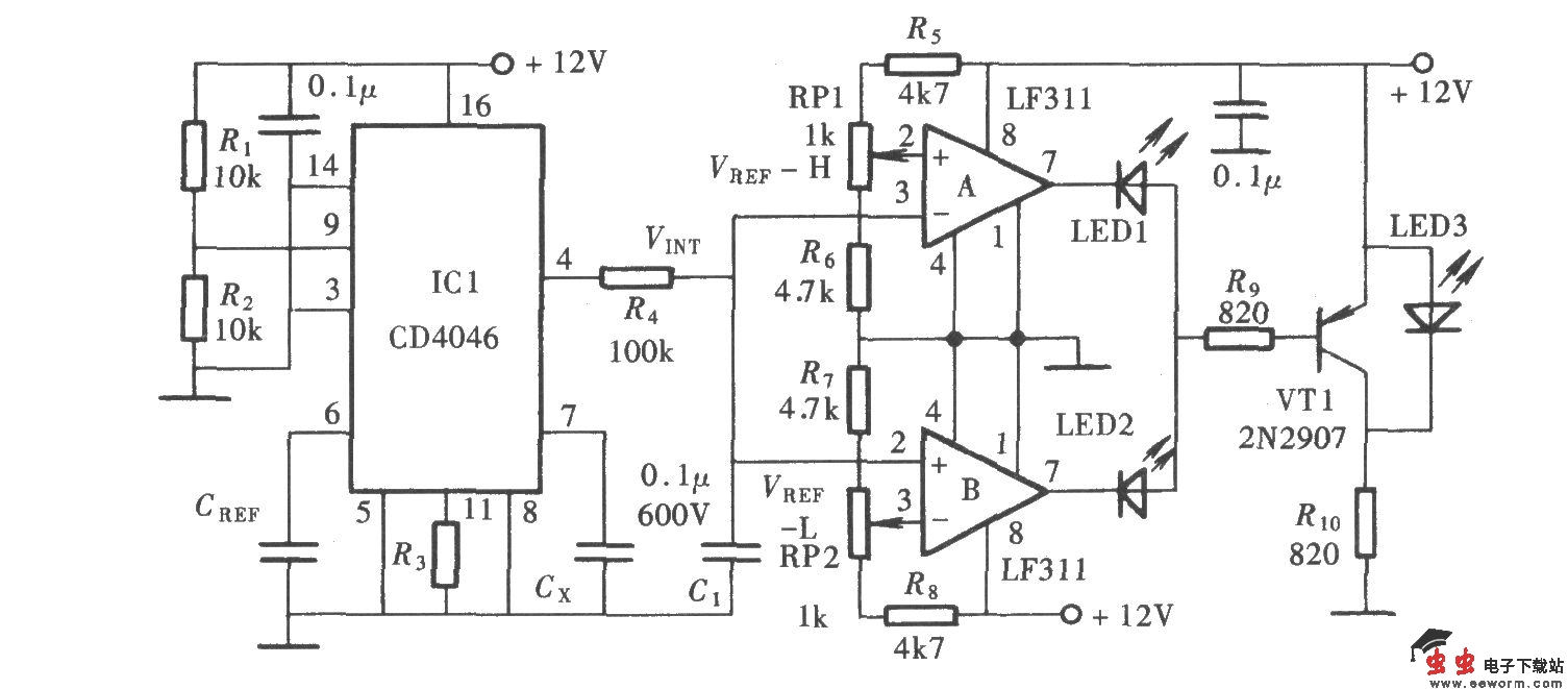 用CD4046组成的比较式电容检测仪