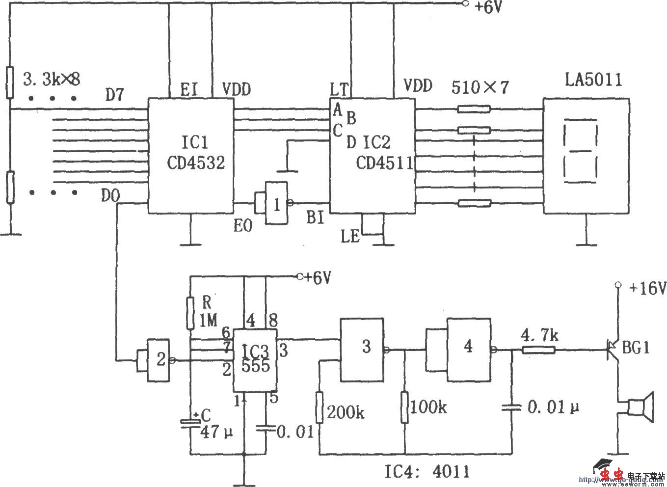八路数字显示优先报警器(CD4532、CD4511、555)